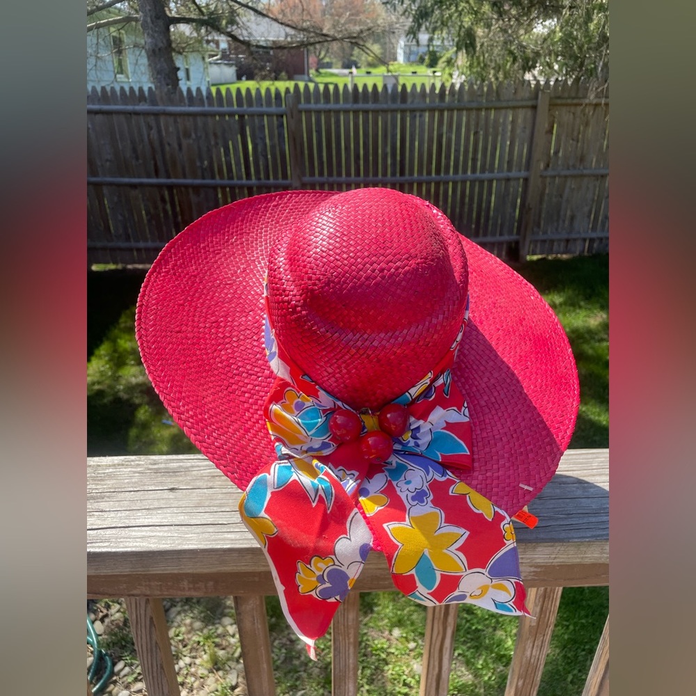 Vintage Atlas Straw Hat with Bow and Cherries Red